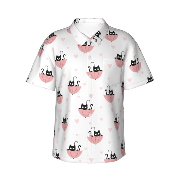 Balery Umbrella Cat Print Men's Hawaiian Shirts Short Sleeve Beach Shirt Relaxed Fit Vacation Button Down Shirts-X-Large