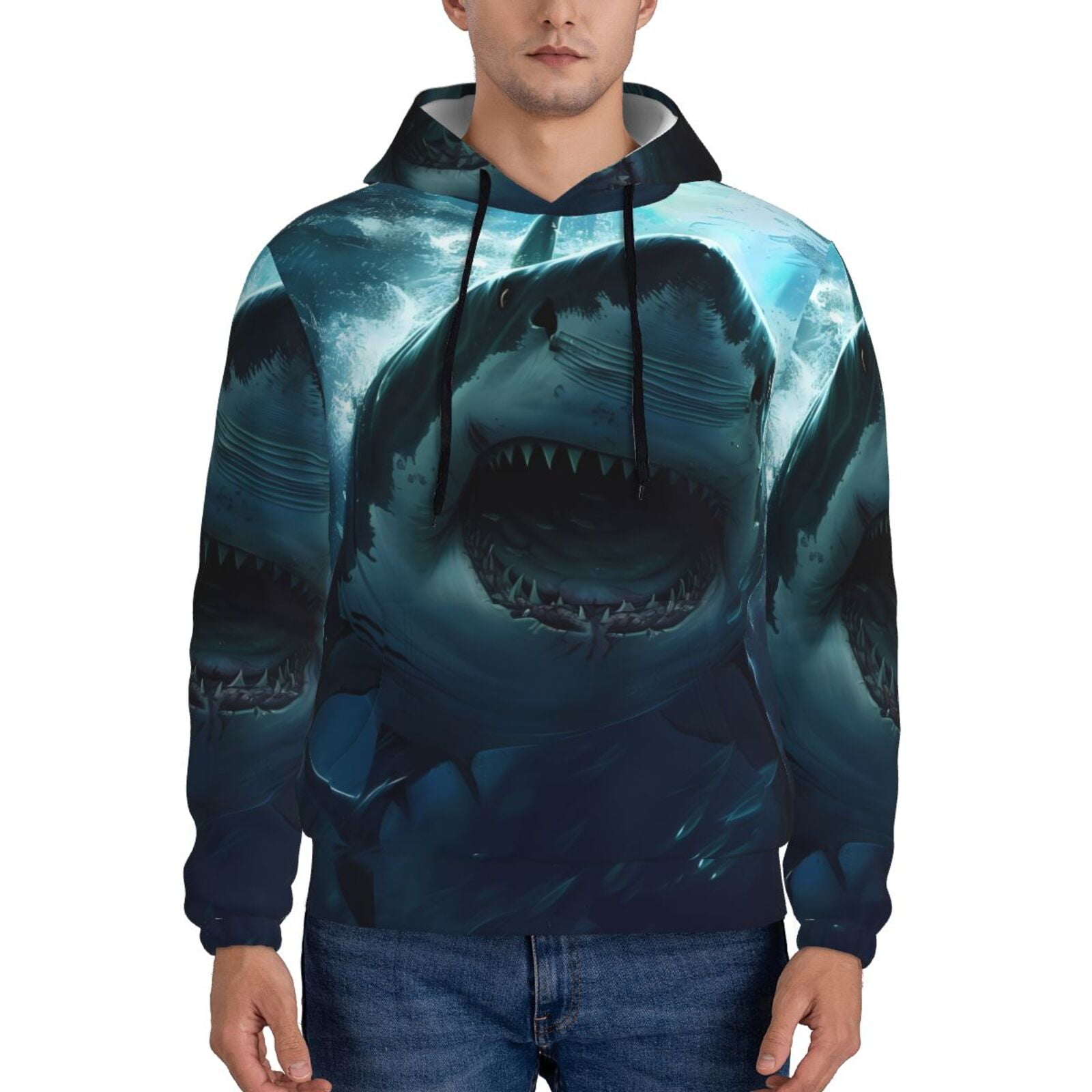 Balery Undersea Shark Pattern Mens Hoodie Kangaroo Pocket Hoodie