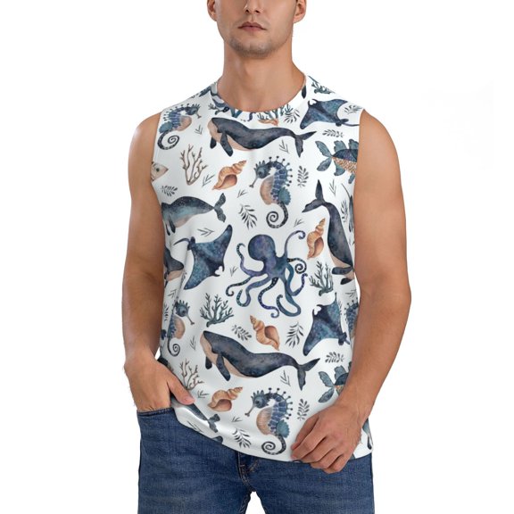 Balery Underwater Animals 1 Men's Sleeveless Muscle Shirts Workout Tank Top, Moisture Wicking, Odor Protection-XX-Large