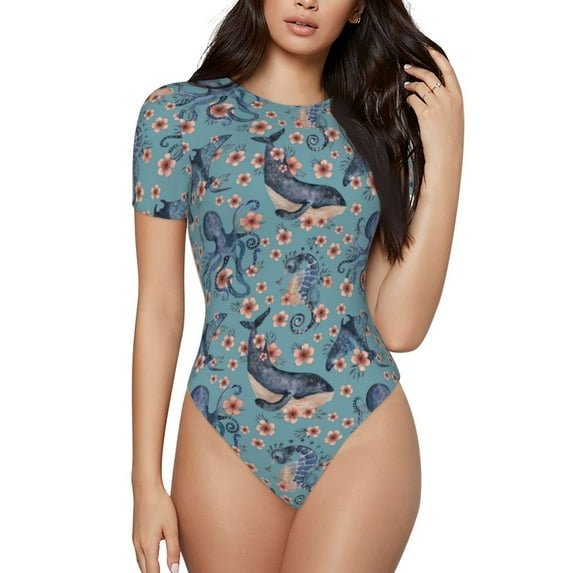Balery Underwater Animals and Flowers Women's Short Sleevee Crew Neck Bodysuit Tops Short Sleeve Tops Basic-X-Large