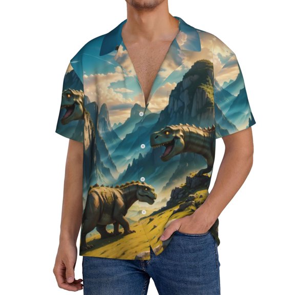 Balery Valley River Dinosaur Men's Casual Button Down Shirt Short Sleeve Textured Summer Cuban Beach Shirts-4X-Large