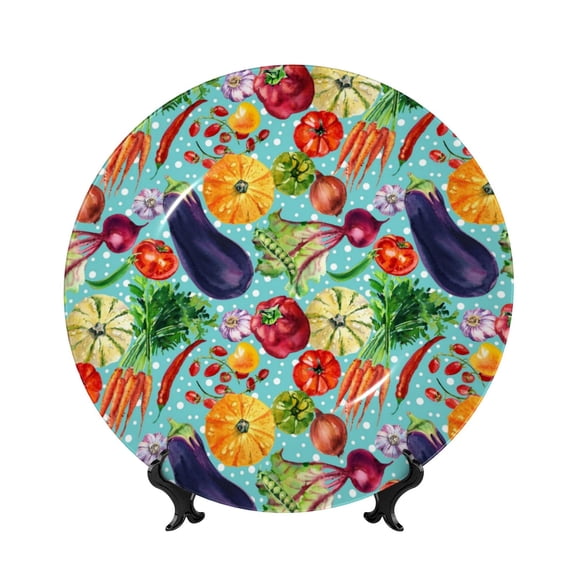 Balery Vegetable (2) Print Bone China Decorative Plate Ceramic Dinner Plates Art Crafts with Display Stand-6in