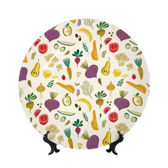 Balery Vegetable Print Bone China Decorative Plate Ceramic Dinner Plates Art Crafts with Display Stand-6in