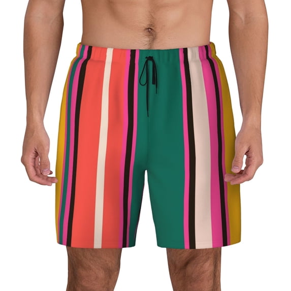 Balery Vertical Stripes Mens Swim Trunks Swim Shorts for Men Quick Dry Inseam Beach Shorts with Compression Liner Pocket-X-Large
