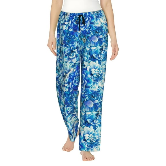 Balery Vibrant Blue Floral print Women's Pajama Pants,Ultra Lightweight Pjs,Lounge Pant-Large