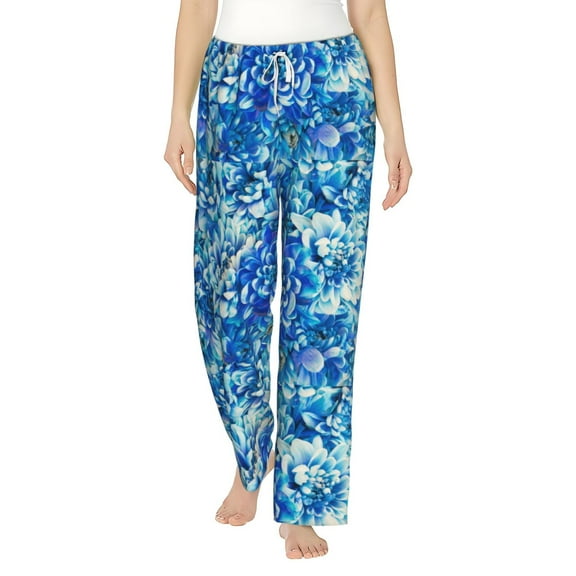 Balery Vibrant Blue Floral print Women's Pajama Pants,Ultra Lightweight Pjs,Lounge Pant-Small