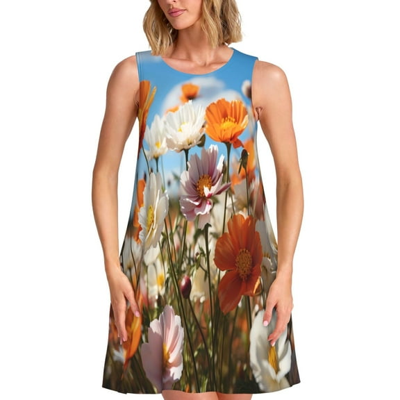 Balery Vibrant Field Of Blossoms Pattern Women’s Summer Dresses – Loose Sleeveless Sundress, Casual and Comfortable Beach Dress for Hot Days