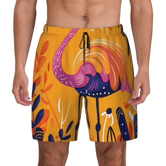 Balery Vibrant Flamingo Illustration Mens Swim Trunks Swim Shorts for Men Quick Dry Inseam Beach Shorts with Compression Liner Pocket-3X-Large