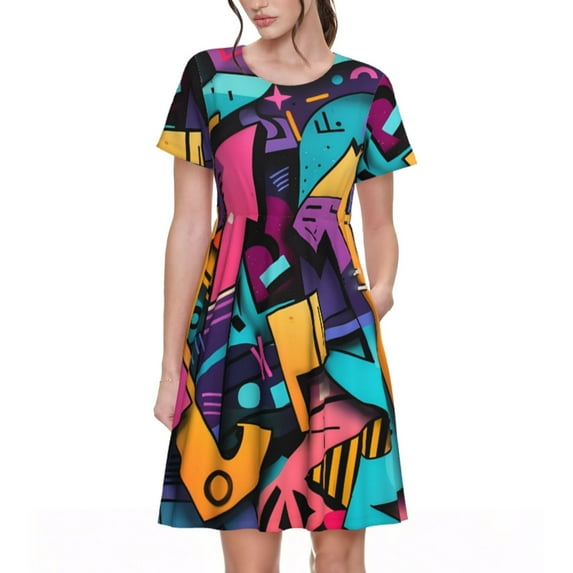 Balery Vibrant Graffiti Urban Art Pattern Womens Dresses Loose Short sleeve Sundresses Swimsuit Coverup 2025 Summer Casual Dress for Women - A-Line Swing Dress