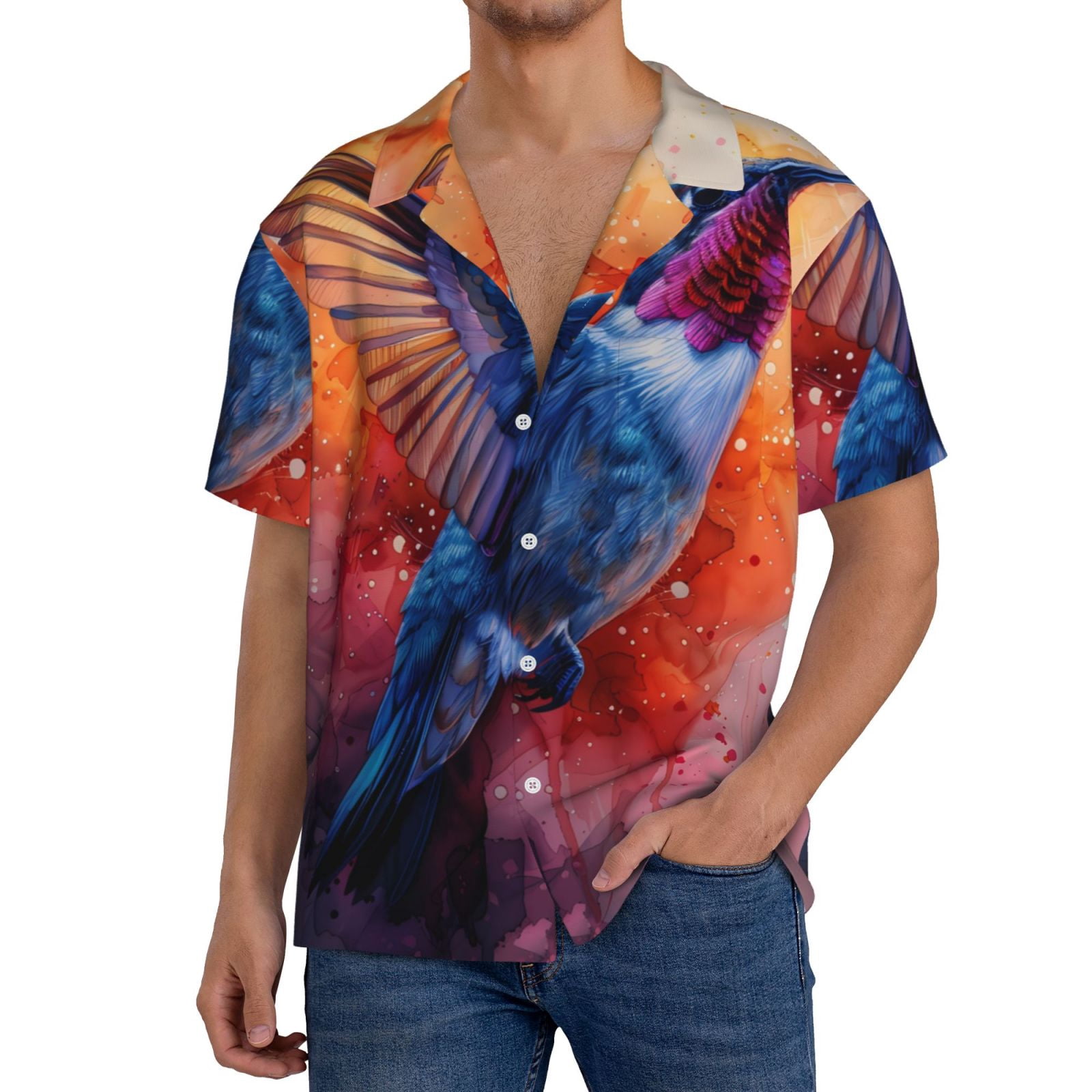 Retro hummingbird Navy button down shirt mens m ... +++ ^^^