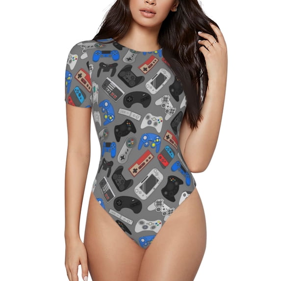 Balery Video Game Women's Short Sleevee Crew Neck Bodysuit Tops Short Sleeve Tops Basic-X-Large