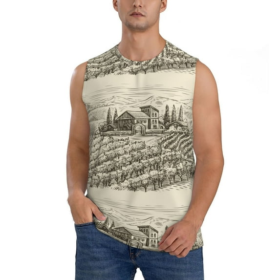 Balery Vineyard Landscape Men's Sleeveless Muscle Shirts Workout Tank Top, Moisture Wicking, Odor Protection-Medium