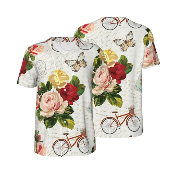 Balery Vintage Bike Flower Butterfly Baseball Jersey for Men Casual Button Down Shirts Short Sleeve Active Team Sports Uniform-3X-Large