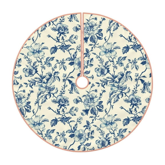 Balery Vintage Blue Floral Printed Christmas Tree Skirt , Merry Christmas Party Christmas Tree Decoration,Adjustable Tree Skirt-30"