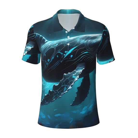 Balery Vintage Blue Pattern Whale Printed Men’s Short Sleeve Polo Shirt, Midweight Men's Shirt,Golf Polo shirts -X-Large