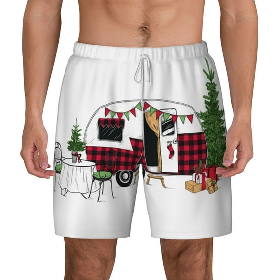 Balery Vintage Buffalo Plaid Christmas Camper Mens Swim Trunks Swim Shorts for Men Quick Dry Inseam Beach Shorts with Compression Liner Pocket-3X-Large