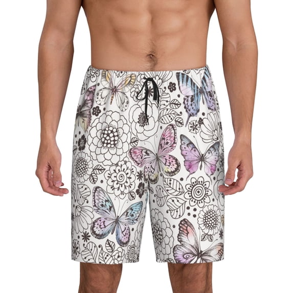 Balery Vintage Butterflies Men's Cotton Knit Pajama Shorts Waistband & Pockets,Short Pajama Pants-Large