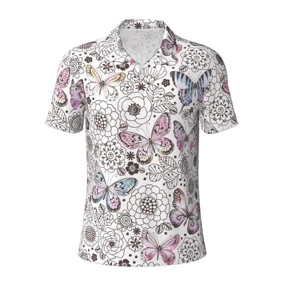 Balery Vintage Butterflies Printed Men’s Short Sleeve Polo Shirt, Midweight Men's Shirt,Golf Polo shirts -XX-Large