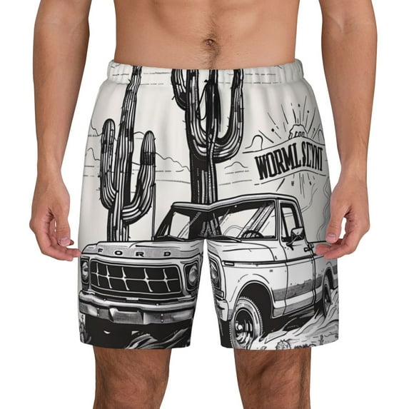 Balery Vintage Cactus Pickup Mens Swim Trunks Swim Shorts for Men Quick Dry Inseam Beach Shorts with Compression Liner Pocket-Medium