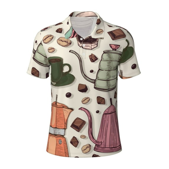 Balery Vintage Coffee Printed Men’s Short Sleeve Polo Shirt, Midweight Men's Shirt,Golf Polo shirts -Medium