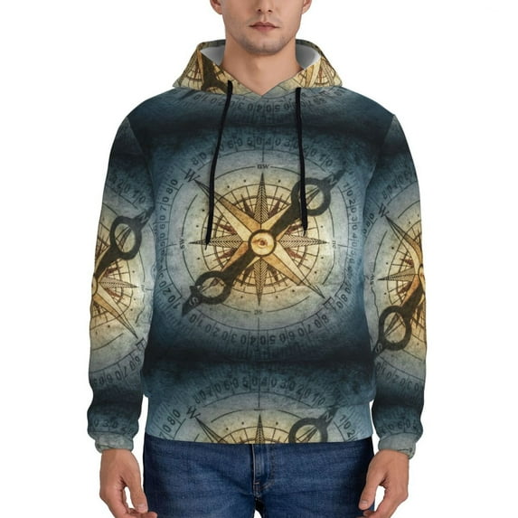 Balery Vintage Compass Pattern Mens Hoodie Kangaroo Pocket Hoodie Pullover Hooded Sweatshirt Ideal for Daily Wear Travel and Home-
