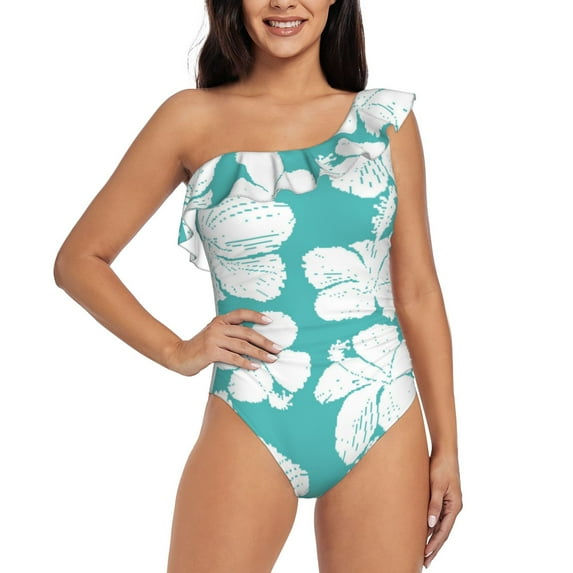 Balery Vintage Floral One Shoulder Swimsuits for Women Ruffle Swimsuits Tummy Control One Shoulder Bathing Suits-X-Large