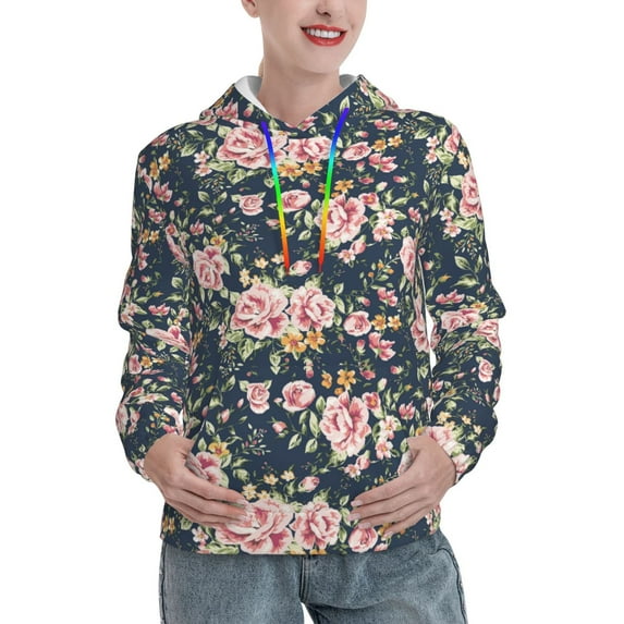Balery Vintage Floral Pattern Womens Long Sleeve Hoodie, Pullover Hooded Sweatshirt, Kangaroo Pocket Hoodie with Eye-catching Drawstrings-Small