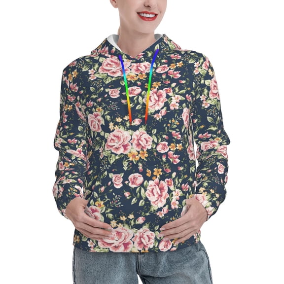 Balery Vintage Floral Pattern Womens Long Sleeve Hoodie, Pullover Hooded Sweatshirt, Kangaroo Pocket Hoodie with Eye-catching Drawstrings-Small
