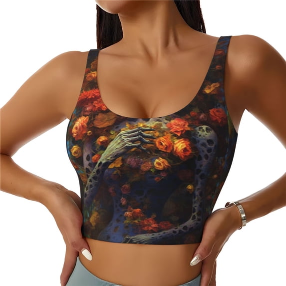 Balery Vintage Floral Skull Pattern Racerback Sports Bras for Women - Padded Seamless High Impact Support for Yoga Gym Workout Fitness-XX-Large