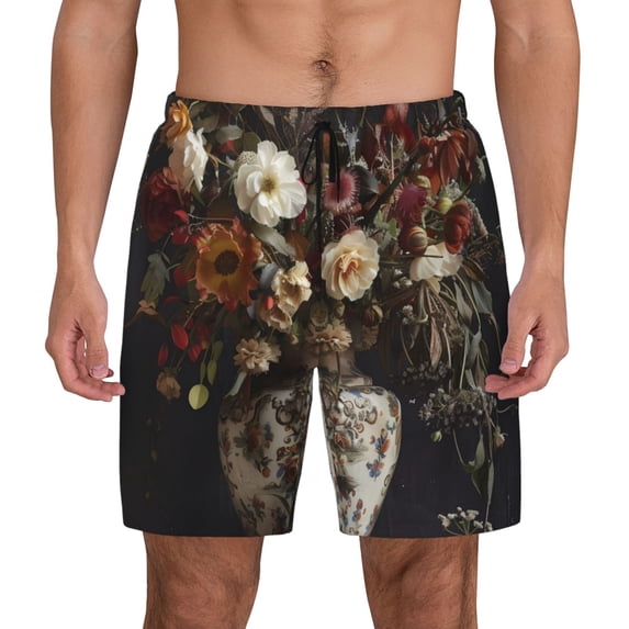 Balery Vintage Floral Vase A Mens Swim Trunks Swim Shorts for Men Quick Dry Inseam Beach Shorts with Compression Liner Pocket-3X-Large