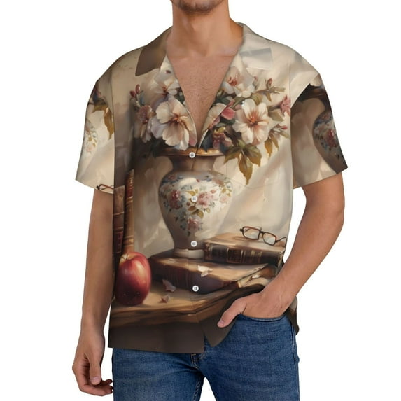 Balery Vintage Floral Vase With Books Men's Casual Button Down Shirt Short Sleeve Textured Summer Cuban Beach Shirts-4X-Large