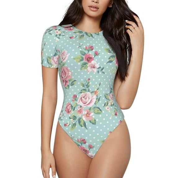 Balery Vintage Floral Women's Short Sleevee Crew Neck Bodysuit Tops Short Sleeve Tops Basic-X-Large