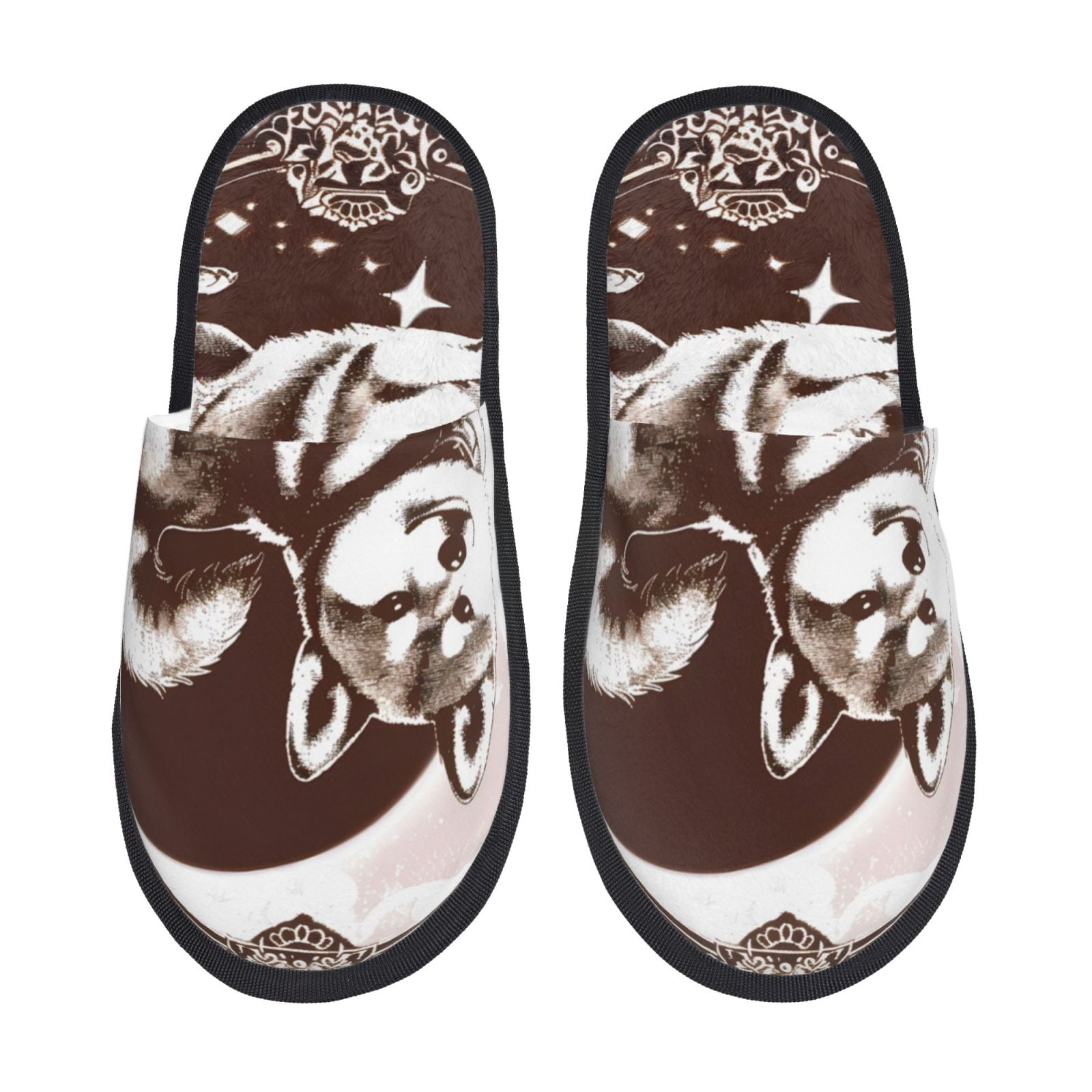 Balery Vintage Husky Dog Slient Indoor Furry Fleece Comfort House Shoes