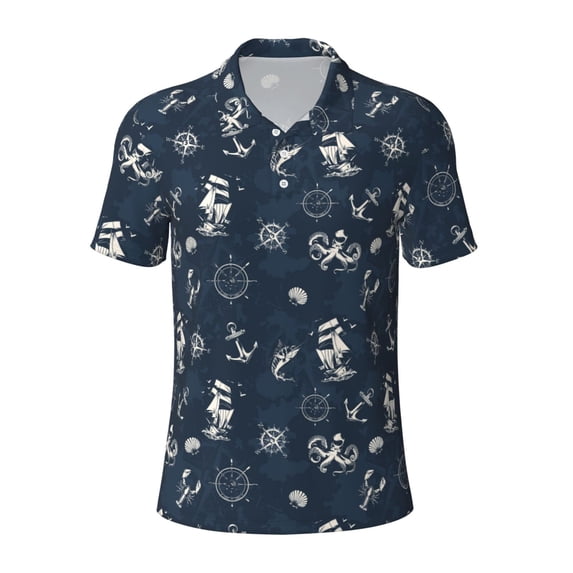 Balery Vintage Marine Printed Men’s Short Sleeve Polo Shirt, Midweight Men's Shirt,Golf Polo shirts -X-Large