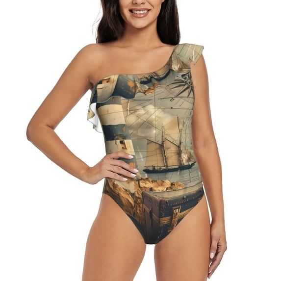 Balery Vintage Nautical Lighthouse One Shoulder Swimsuits for Women Ruffle Swimsuits Tummy Control One Shoulder Bathing Suits-