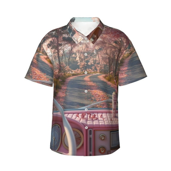 Balery Vintage Pink Drive View Print Men's Hawaiian Shirts Short Sleeve Beach Shirt Relaxed Fit Vacation Button Down Shirts-Medium