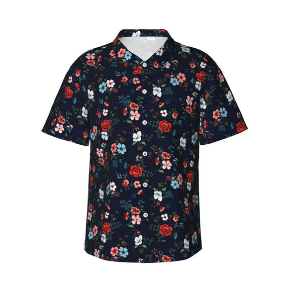 Balery Vintage Rose Print Men's Hawaiian Shirts Short Sleeve Beach Shirt Relaxed Fit Vacation Button Down Shirts-Small