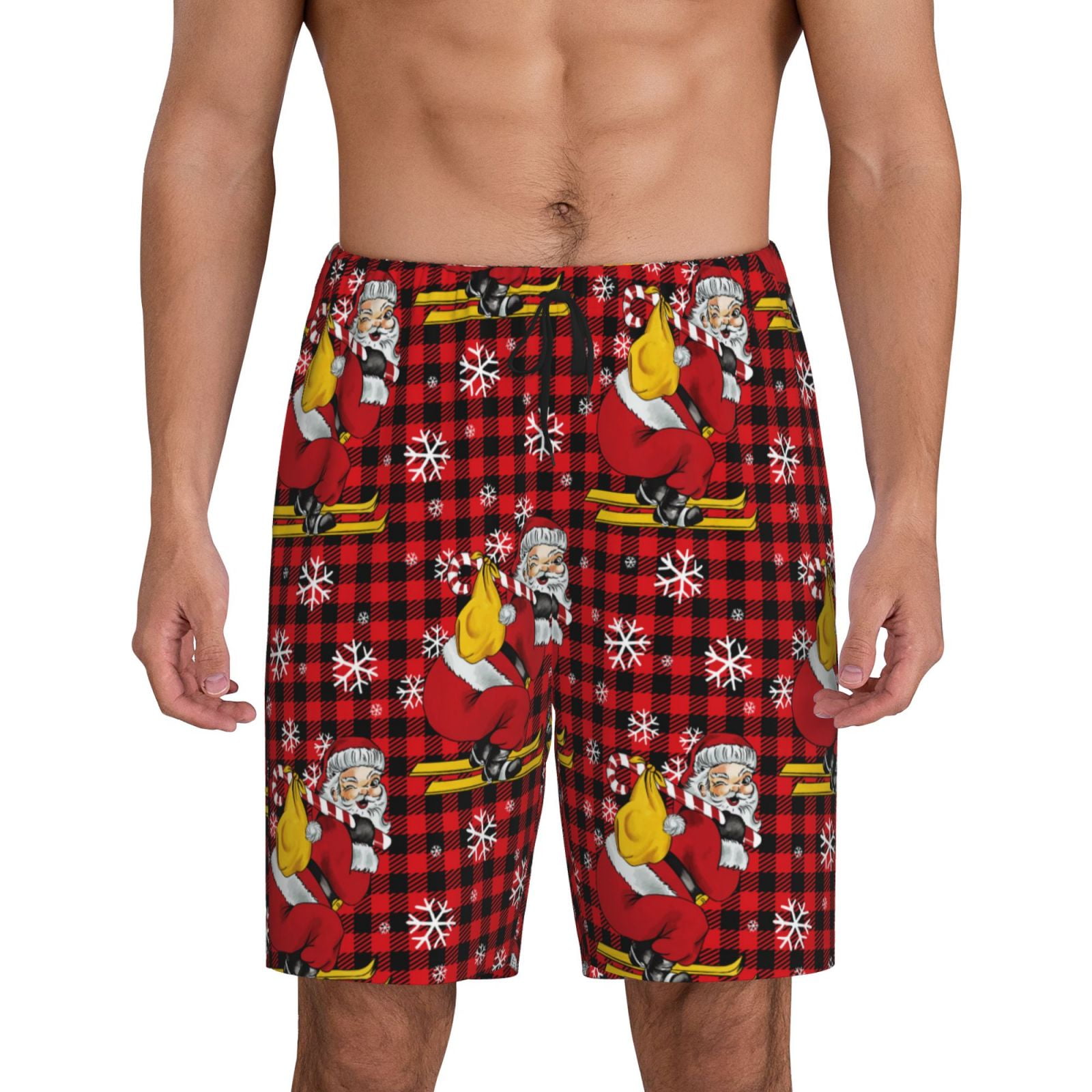 Balery Vintage Santa Skiing Red Plaid Men's Cotton Knit Pajama Shorts