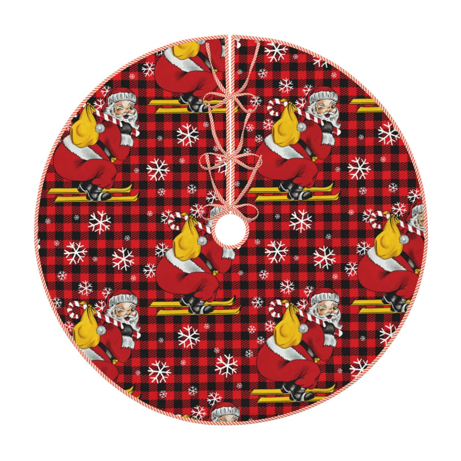 Balery Vintage Santa Skiing Red Plaid Printed Christmas Tree Skirt