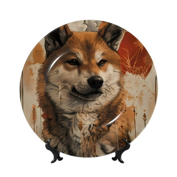 Balery Vintage Shiba Inu Art Print Bone China Decorative Plate Ceramic Dinner Plates Art Crafts with Display Stand-7in