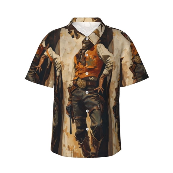 Balery Vintage Style Elk Print Men's Hawaiian Shirts Short Sleeve Beach Shirt Relaxed Fit Vacation Button Down Shirts-XX-Large