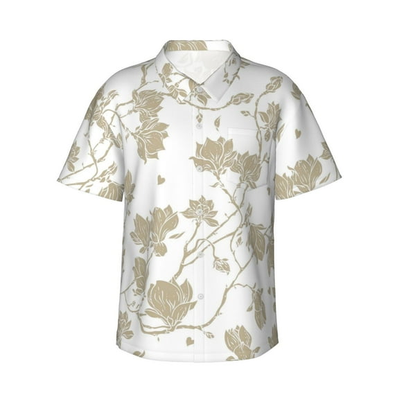 Balery Vintage Stylized White Color Print Men's Hawaiian Shirts Short Sleeve Beach Shirt Relaxed Fit Vacation Button Down Shirts-Medium