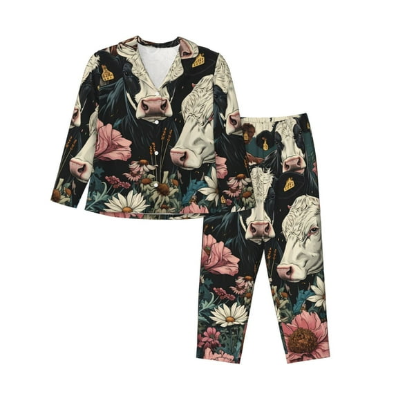 Balery Vintage Sunflower Cow Pattern Pajama Sets for Women Long Sleeve 2 Piece Sleepwear Loungewear Sets Soft PJ's with Pockets Long Sleeve Comfy Pj Sets-Small