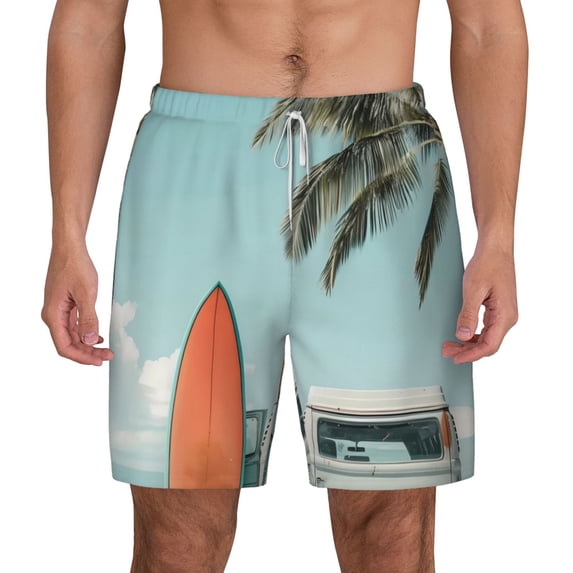 Balery Vintage Surf Van Beach Mens Swim Trunks Swim Shorts for Men Quick Dry Inseam Beach Shorts with Compression Liner Pocket-XX-Large