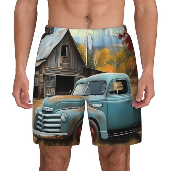 Balery Vintage Truck Farm Scene Mens Swim Trunks Swim Shorts for Men Quick Dry Inseam Beach Shorts with Compression Liner Pocket-X-Large