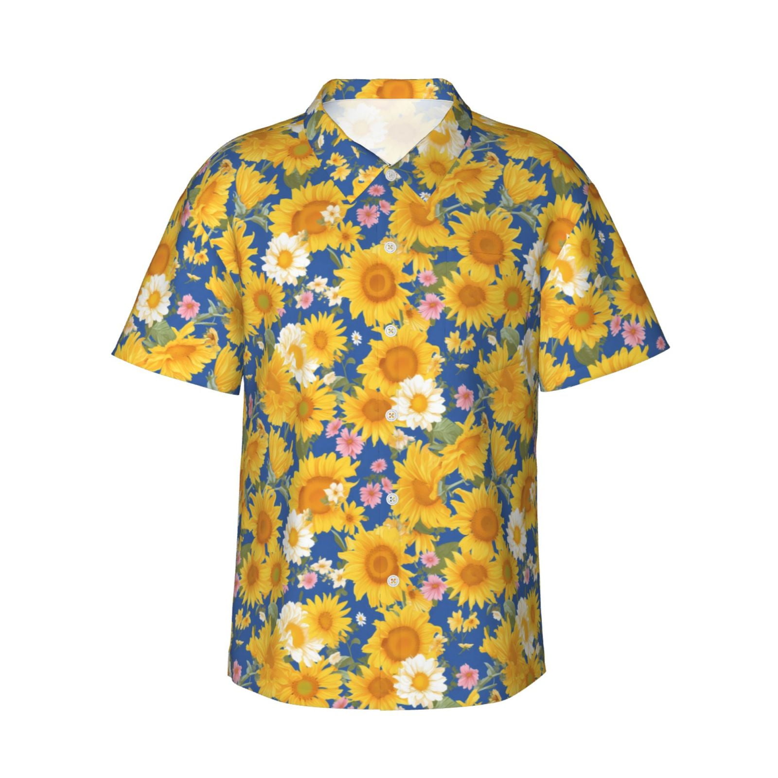 Balery Vintage White Yellow Sunflower Print Men's Hawaiian Shirts Short