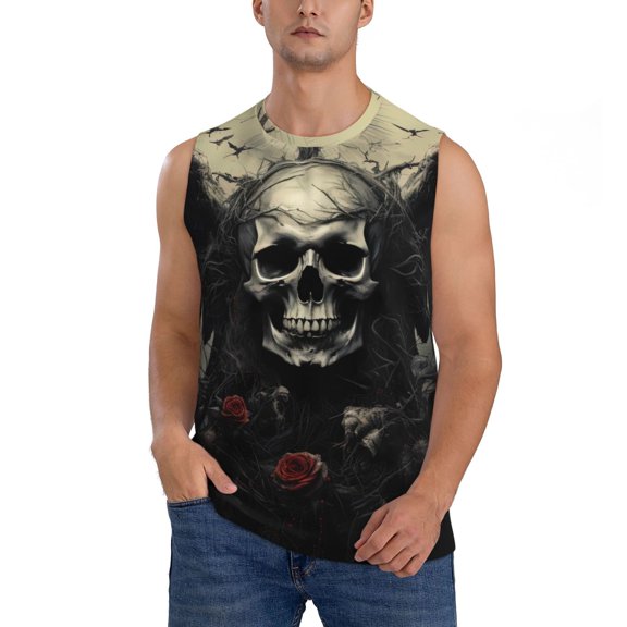 Balery Vintage Winged Rose Skull Men's Sleeveless Muscle Shirts Workout Tank Top, Moisture Wicking, Odor Protection-X-Large