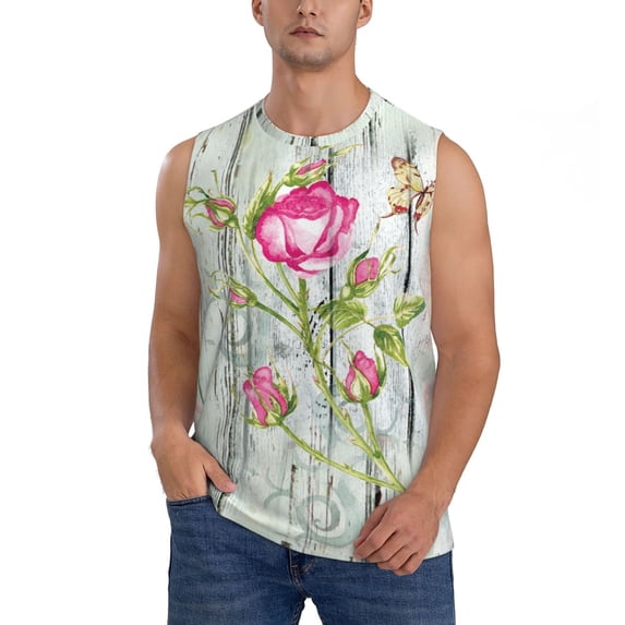 Balery Vintage Wood Background with Floral Men's Sleeveless Muscle Shirts Workout Tank Top, Moisture Wicking, Odor Protection-3X-Large