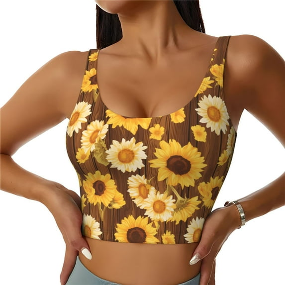 Balery Vintage Wood Grain Sunflower A Pattern Racerback Sports Bras for Women - Padded Seamless High Impact Support for Yoga Gym Workout Fitness-Large