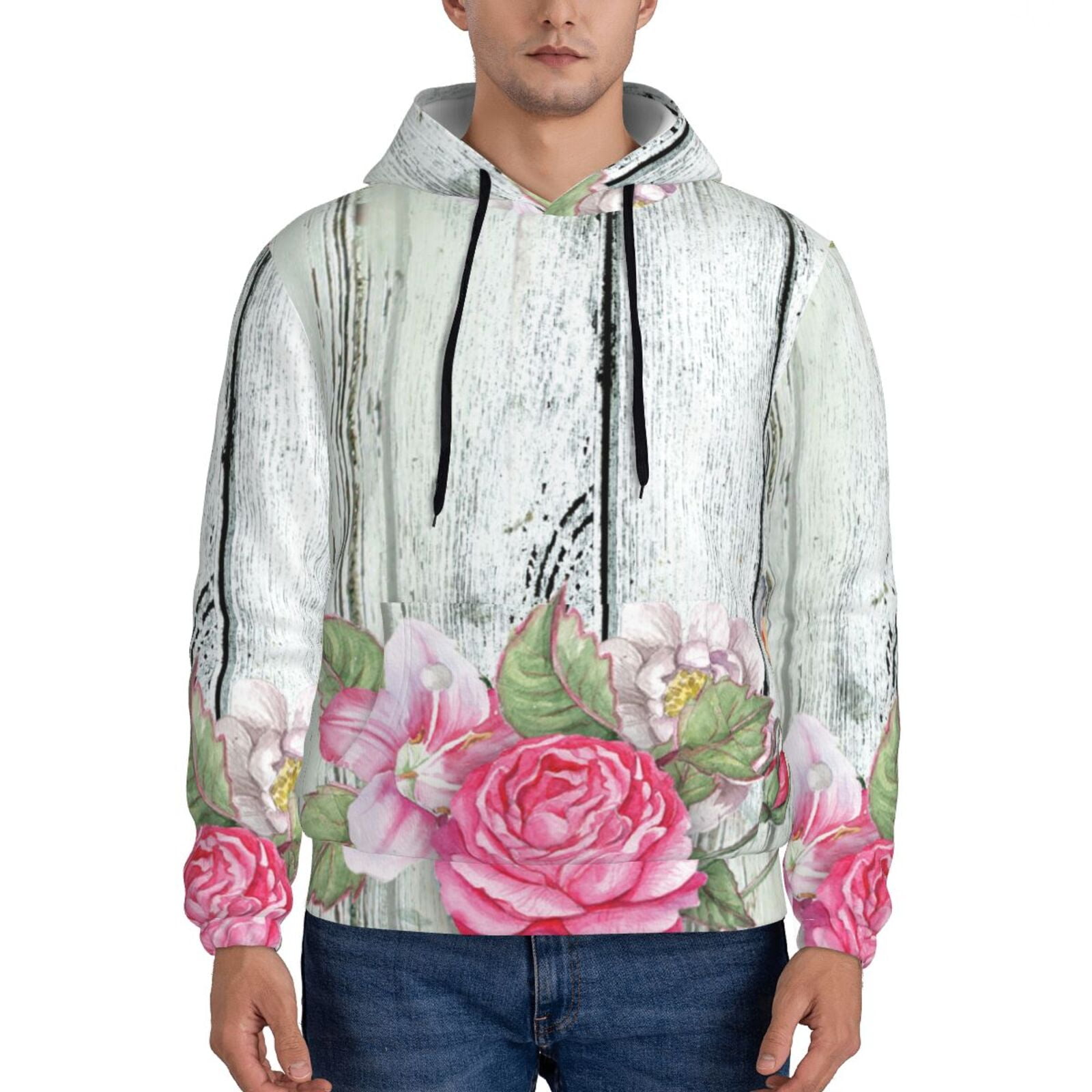 Balery Vintage Wood with Floral Pattern Mens Hoodie Kangaroo Pocket